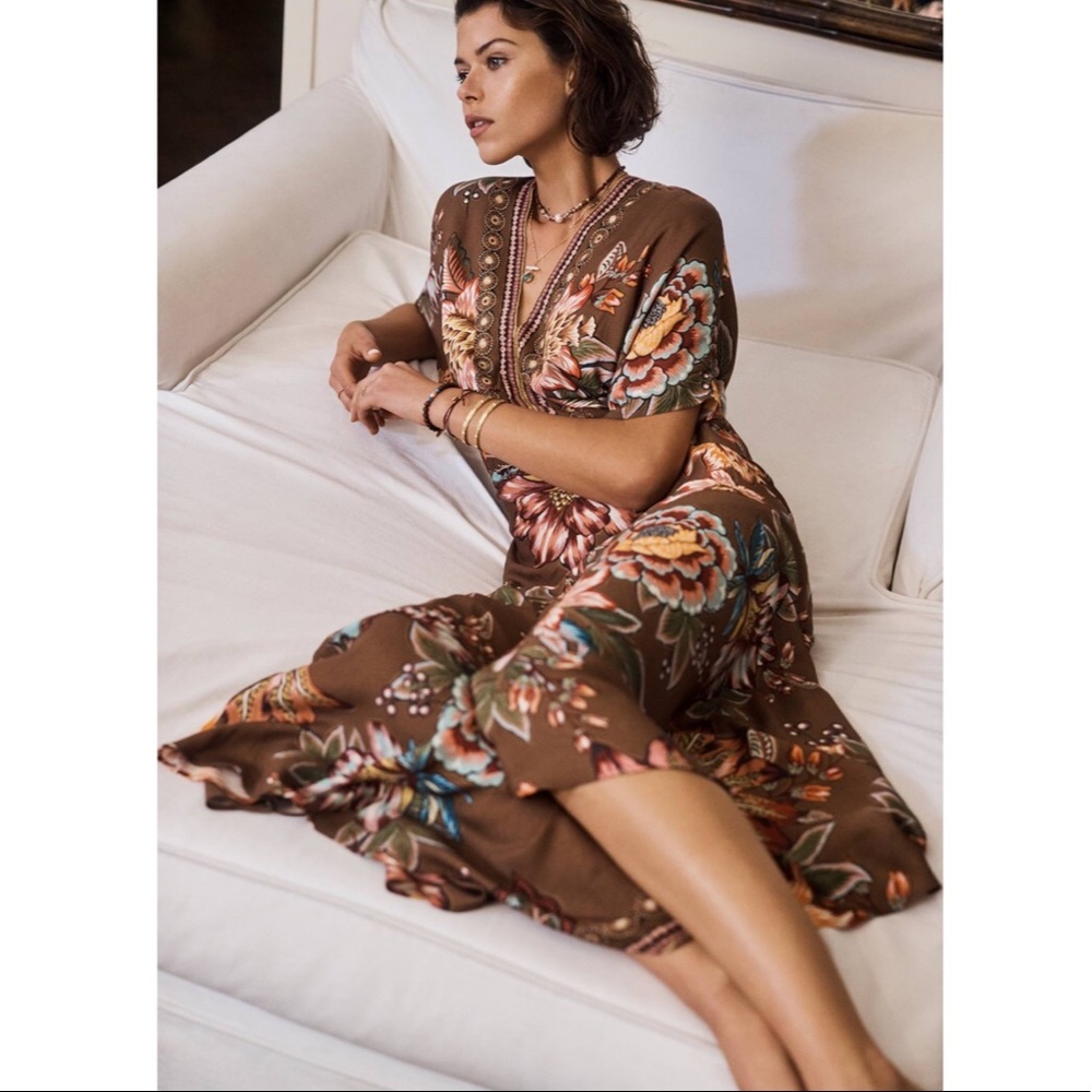 Anthropologie Brown Floral Maxi Dress with Multicolor Blooms
